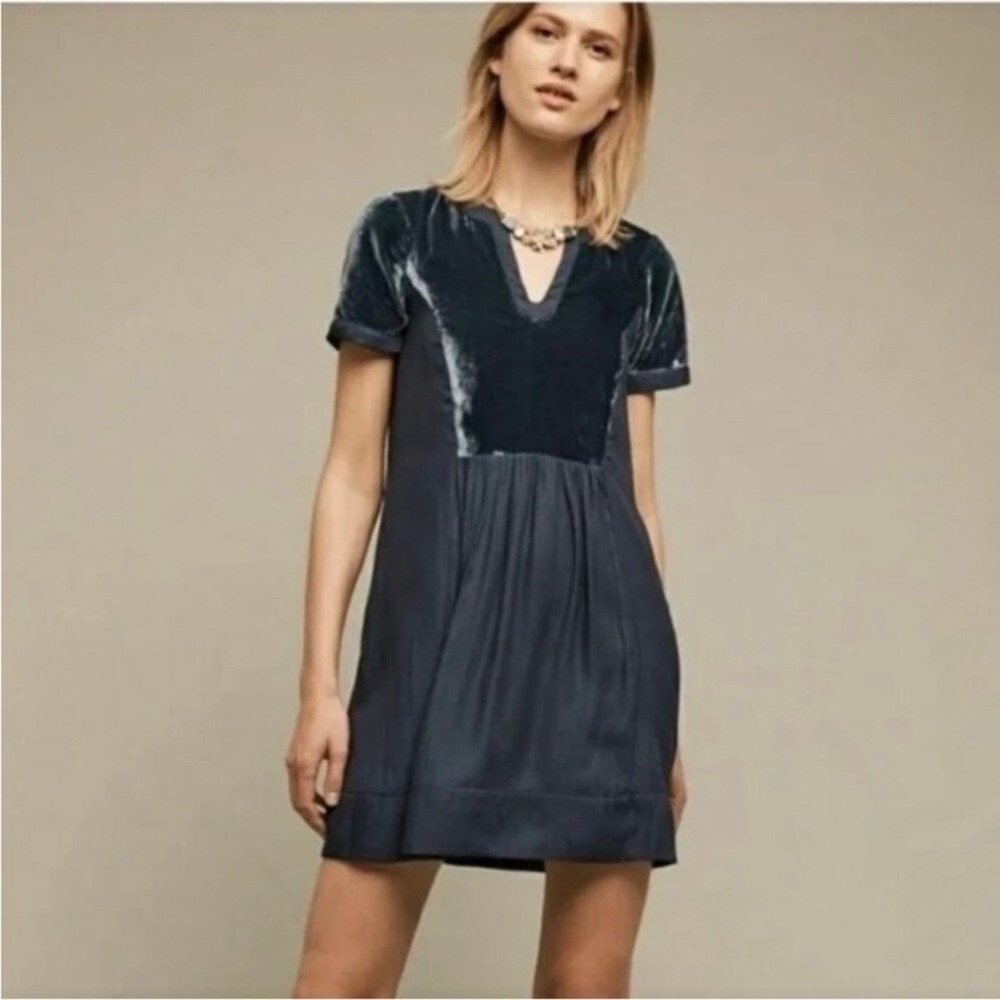 Maeve Ingrid Teal Velvet Tunic‎ Swing Babydoll Mini Dress Womens Small Petite